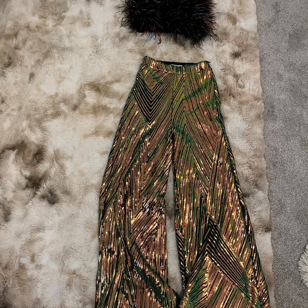 Glamorous Gold and Green Sequin Wide-Leg Pants